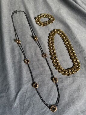 2 Necklaces and 1 Bracelet: Gold-Tone Chain Necklace and Bracelet Set